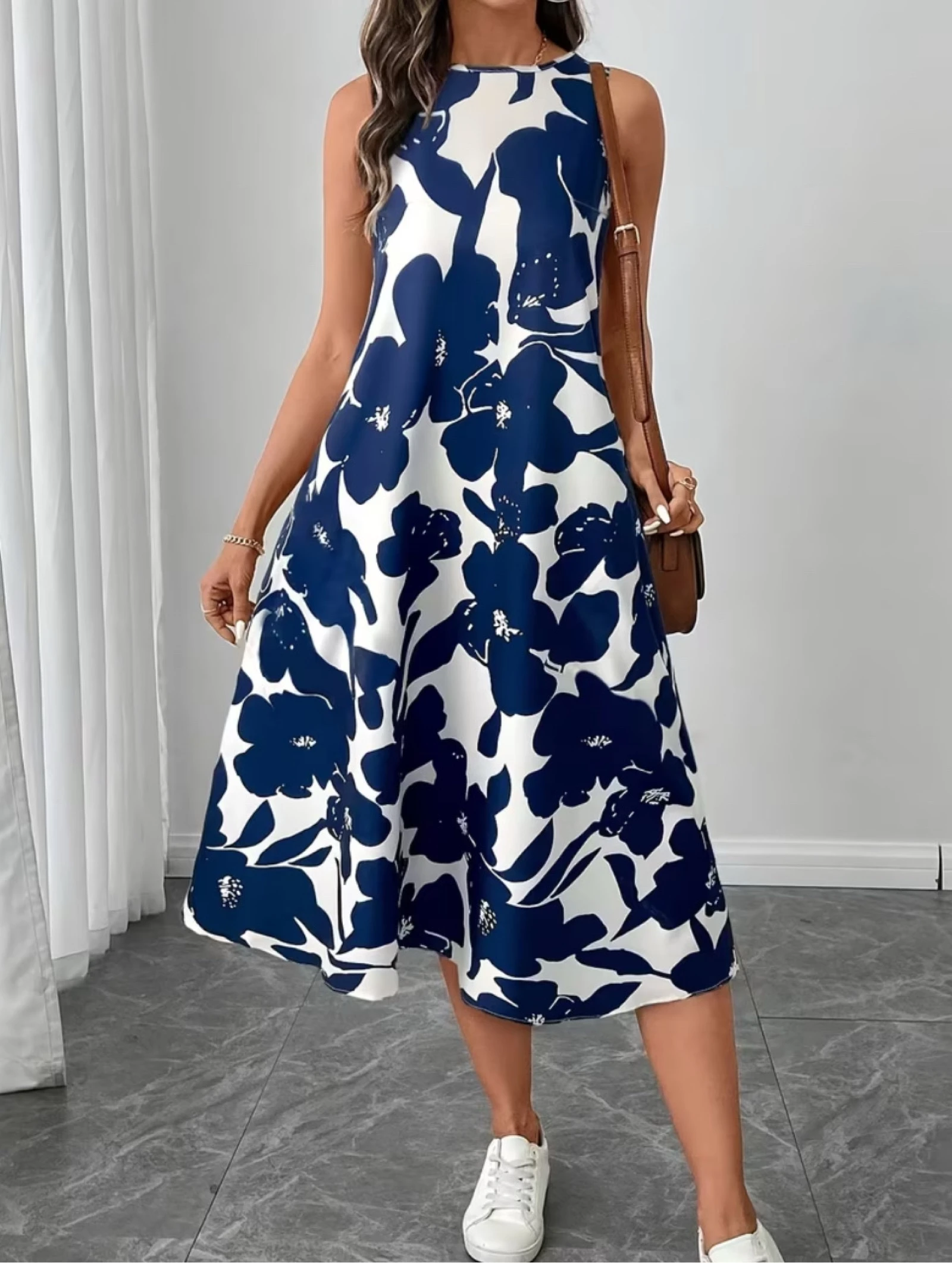 Robe midi sans manches imprimée florale avec poches taille L